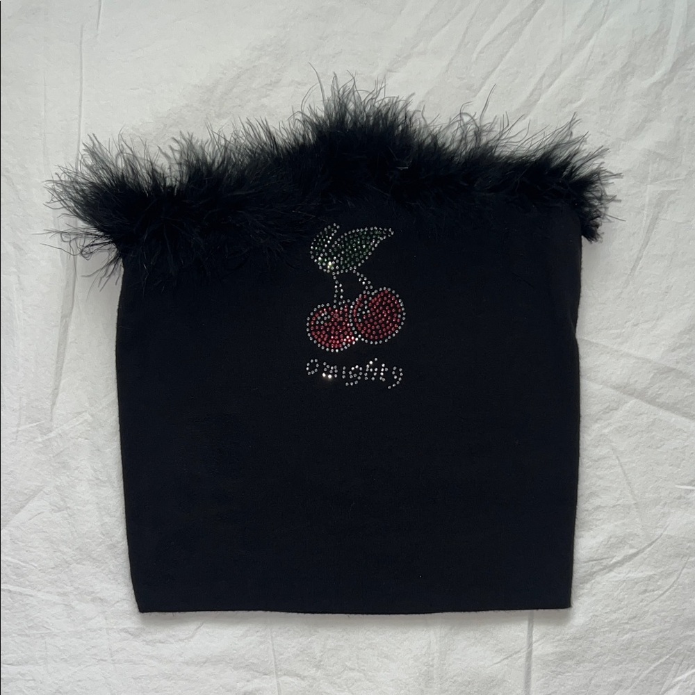 Omighty Y2k Bedazzled Cherry & Feather Strappless Tube Top